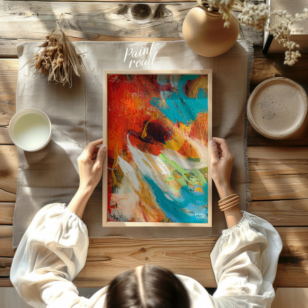 This abstract painting captures a dynamic interplay of colors and textures, creating a sense of mov… for other