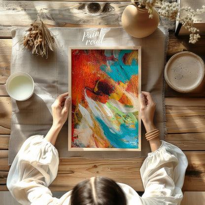 This abstract painting captures a dynamic interplay of colors and textures, creating a sense of mov… for other