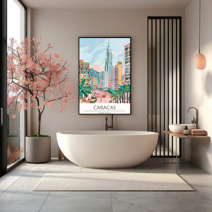 Experience the bustling energy of Caracas with this colorful cityscape illustration. Featuring for Bathroom