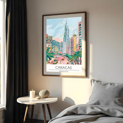 Experience the bustling energy of Caracas with this colorful cityscape illustration. Featuring for Bedroom