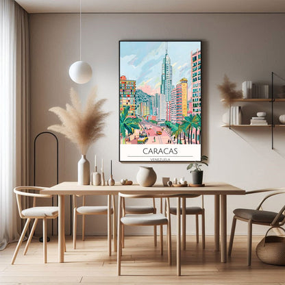 Experience the bustling energy of Caracas with this colorful cityscape illustration. Featuring for Dining