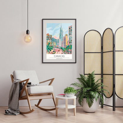Experience the bustling energy of Caracas with this colorful cityscape illustration. Featuring for Foyer