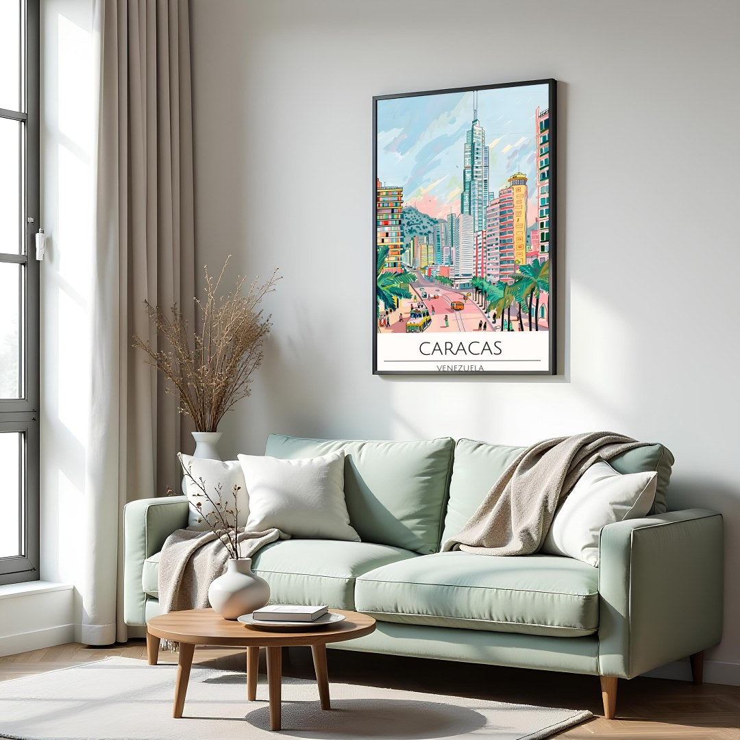 Experience the bustling energy of Caracas with this colorful cityscape illustration. Featuring for Hall