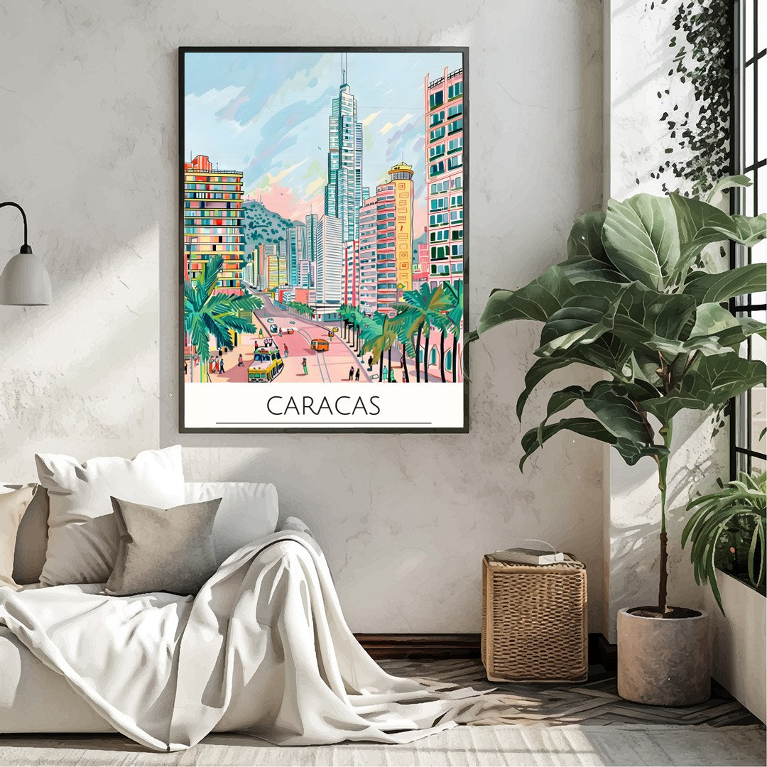 Experience the bustling energy of Caracas with this colorful cityscape illustration. Featuring for Living Room