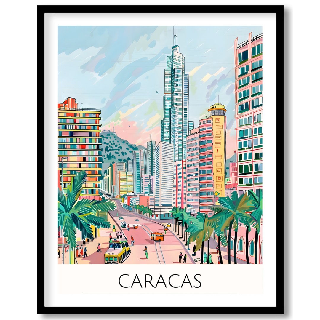 Experience the bustling energy of Caracas with this colorful cityscape illustration. Featuring for sanctuary