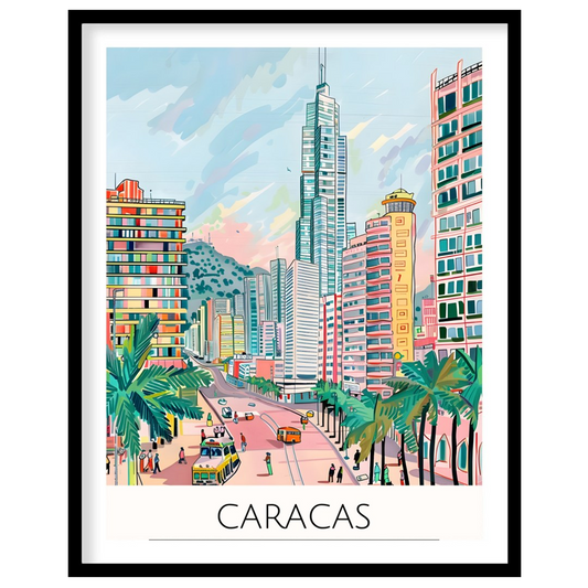 Experience the bustling energy of Caracas with this colorful cityscape illustration. Featuring for sanctuary