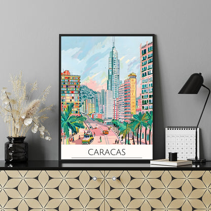 Experience the bustling energy of Caracas with this colorful cityscape illustration. Featuring for Shelf