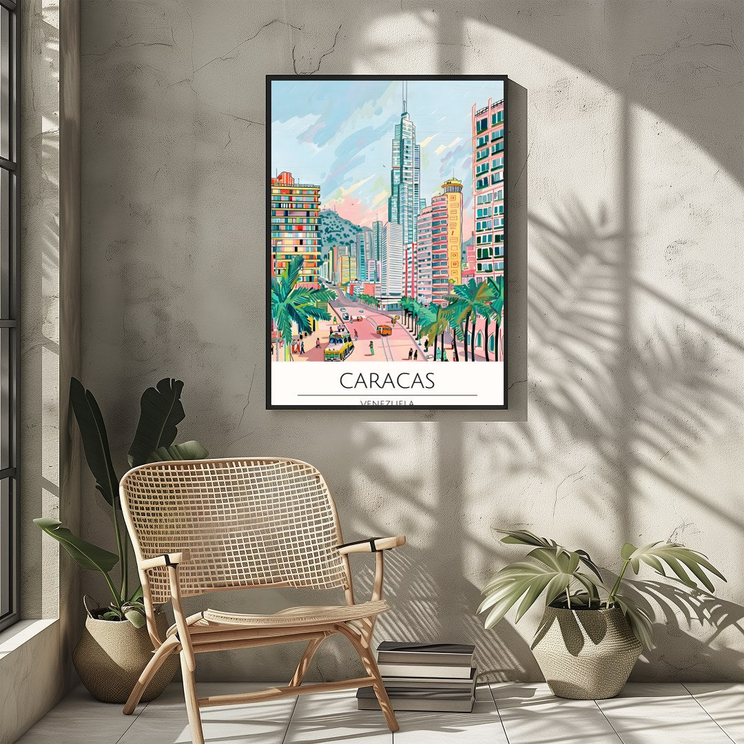 Experience the bustling energy of Caracas with this colorful cityscape illustration. Featuring for Sitting Area