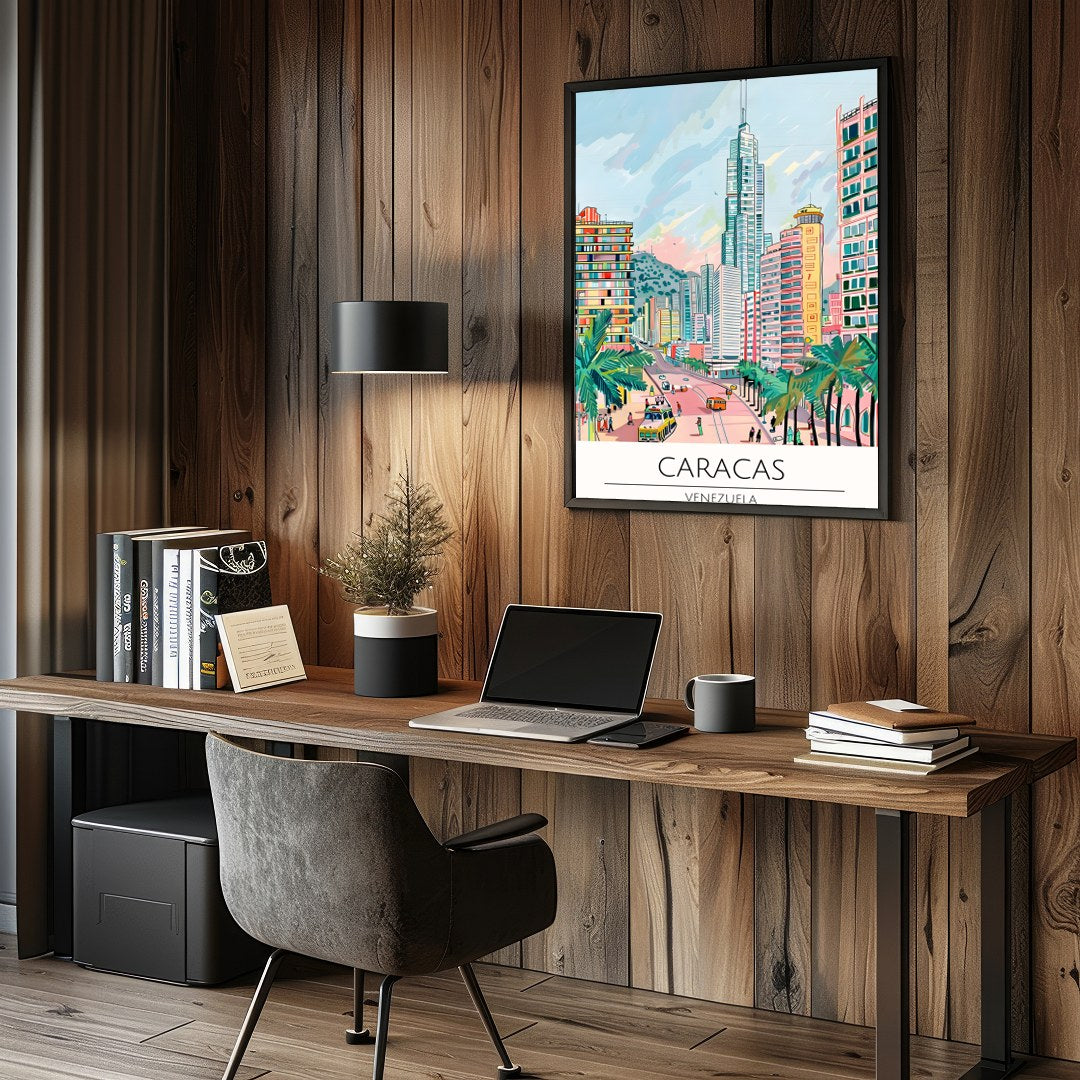 Experience the bustling energy of Caracas with this colorful cityscape illustration. Featuring for Study and Office