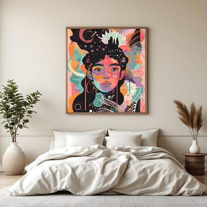 Immerse yourself in a kaleidoscope of colors with this captivating abstract portrait. Perfect for for Bedroom