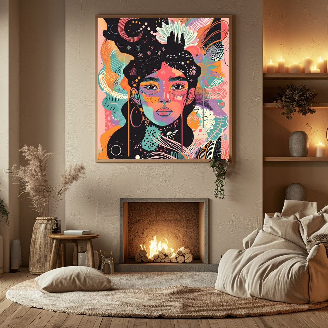 Immerse yourself in a kaleidoscope of colors with this captivating abstract portrait. Perfect for for Hall