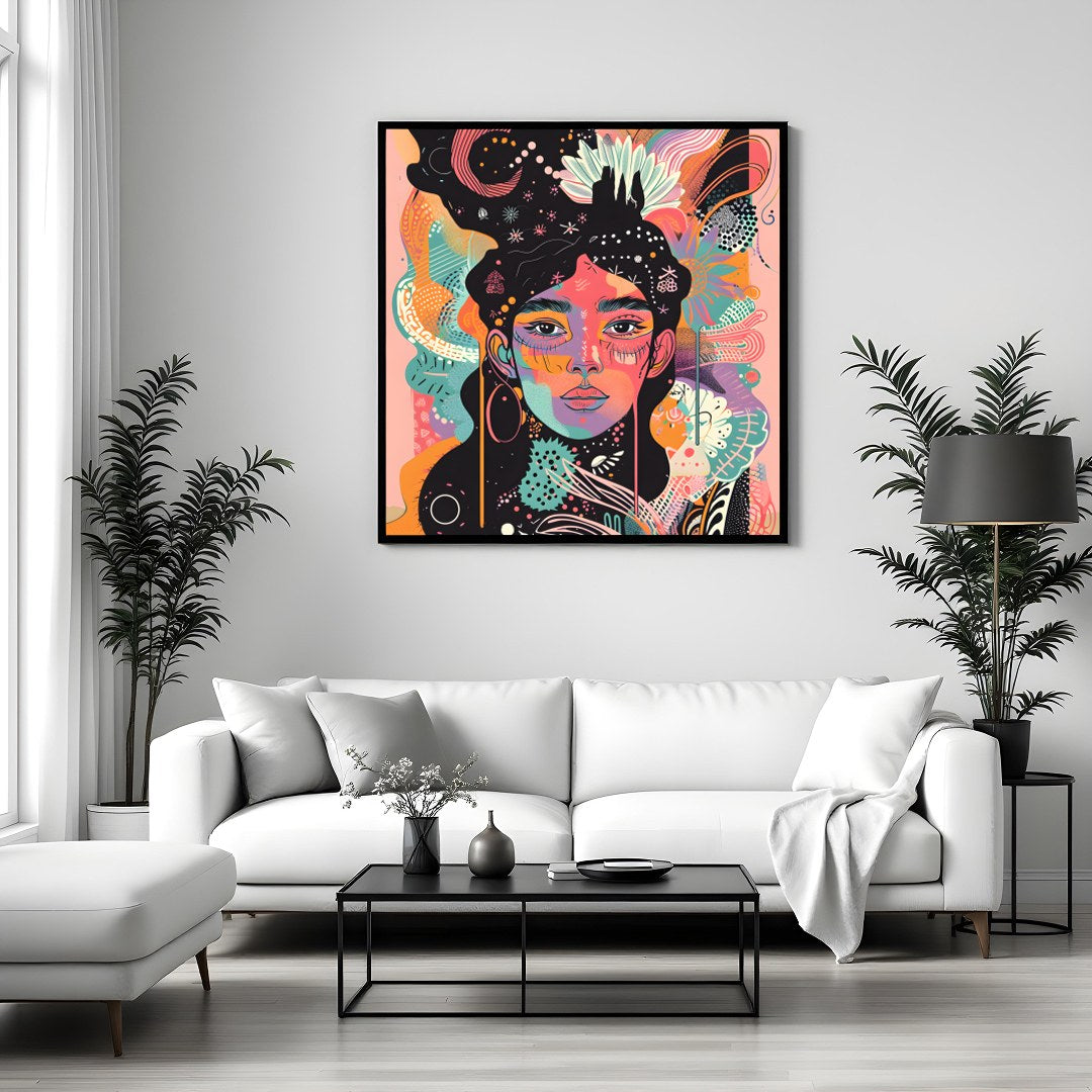 Immerse yourself in a kaleidoscope of colors with this captivating abstract portrait. Perfect for for Sitting Area