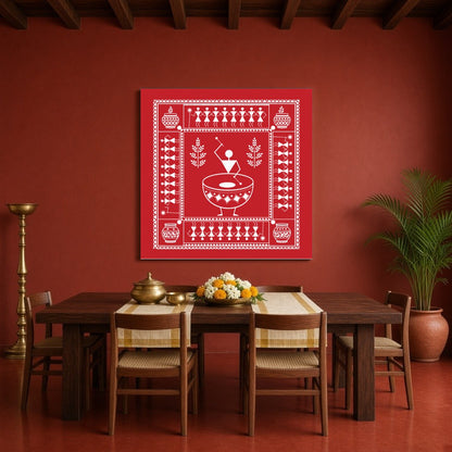 Immerse yourself in the rhythmic beats of village life with this captivating Warli art print. With for Dining