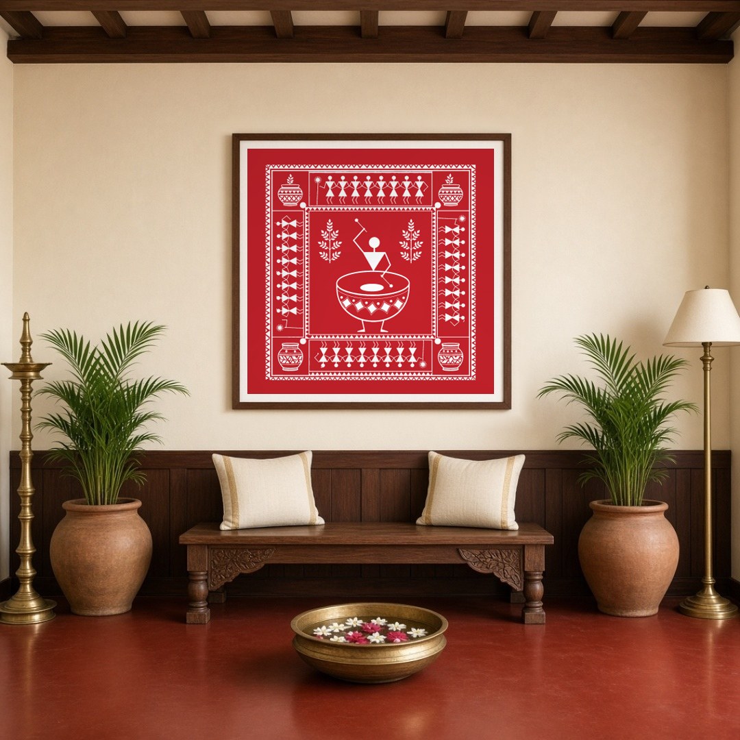 Immerse yourself in the rhythmic beats of village life with this captivating Warli art print. With for Entrance