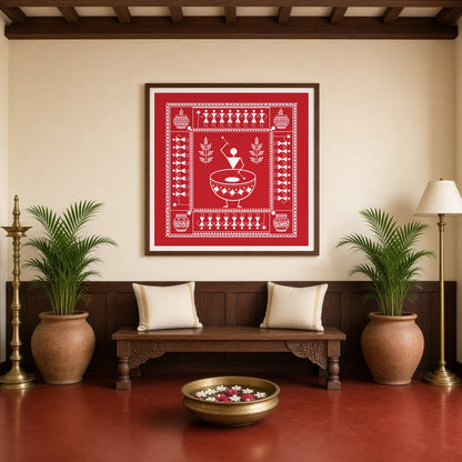 Immerse yourself in the rhythmic beats of village life with this captivating Warli art print. With for Entrance