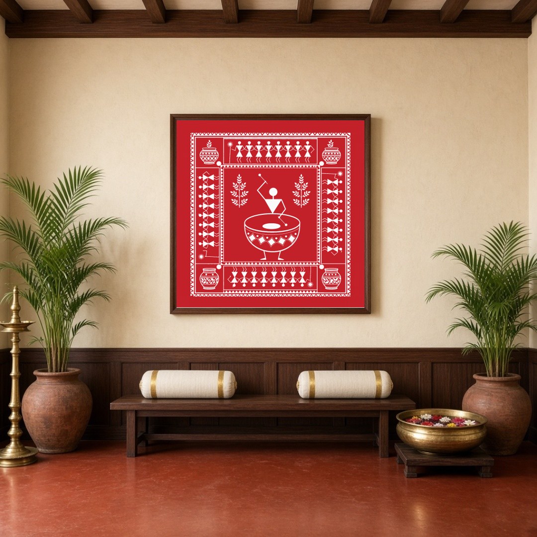 Immerse yourself in the rhythmic beats of village life with this captivating Warli art print. With for Hallway