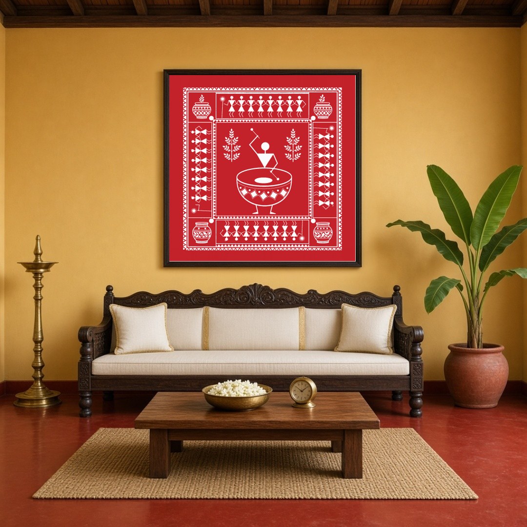 Immerse yourself in the rhythmic beats of village life with this captivating Warli art print. With for Living Room