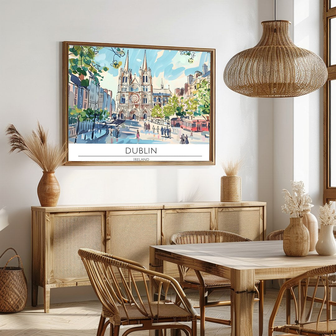 Capture the essence of Dublin with this lively depiction of a bustling cathedral square. The for Dining