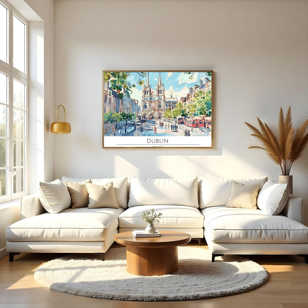 Capture the essence of Dublin with this lively depiction of a bustling cathedral square. The for Living Room