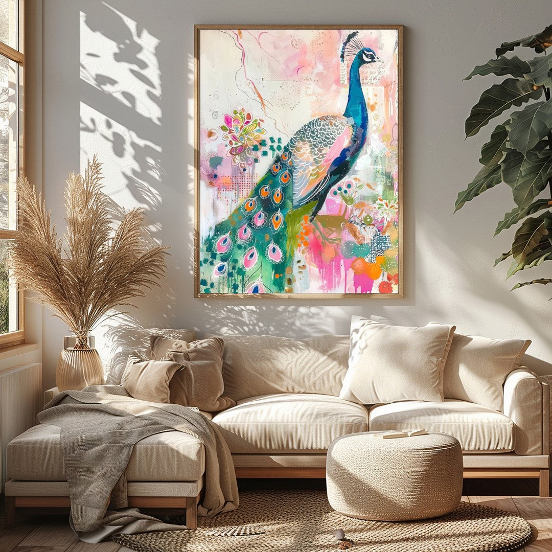 This stunning artwork features a majestic peacock brought to life in an abstract floral fantasy. for Bedroom