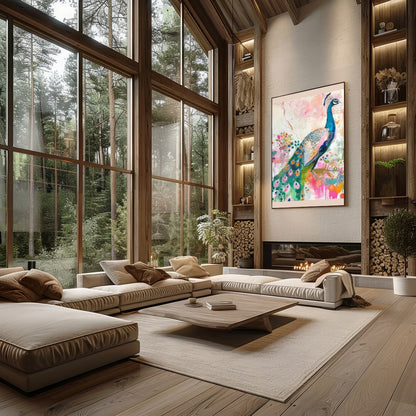This stunning artwork features a majestic peacock brought to life in an abstract floral fantasy. for Dining