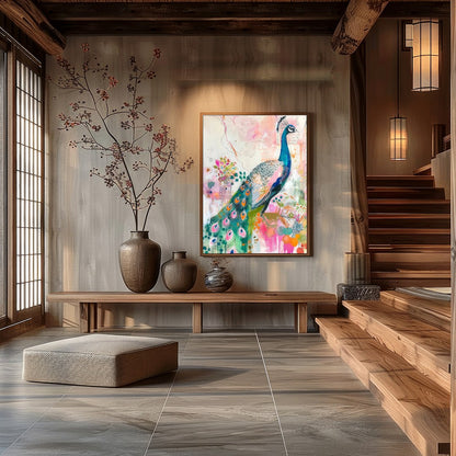 This stunning artwork features a majestic peacock brought to life in an abstract floral fantasy. for Entrance