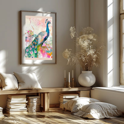 This stunning artwork features a majestic peacock brought to life in an abstract floral fantasy. for Home Office