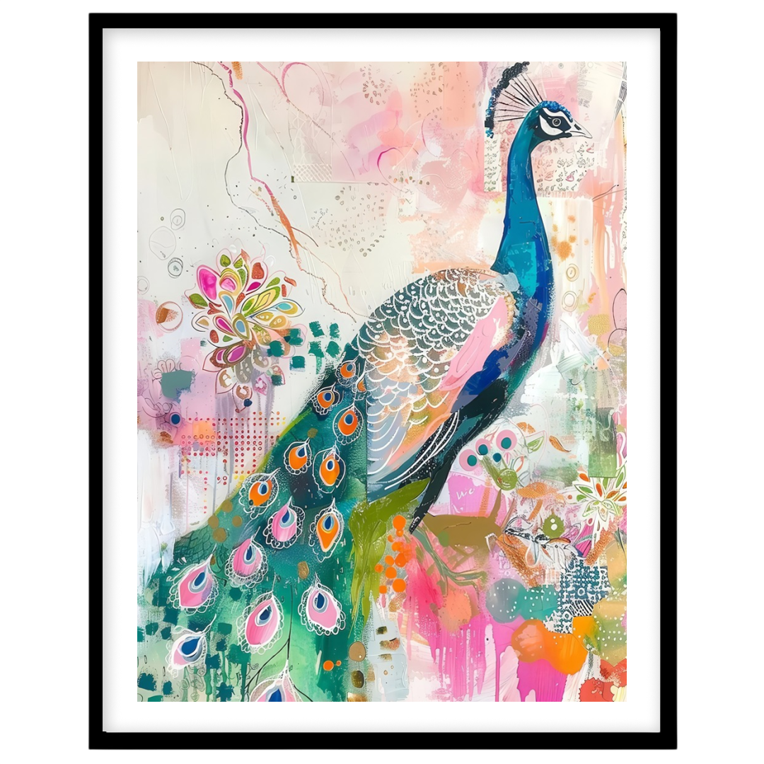This stunning artwork features a majestic peacock brought to life in an abstract floral fantasy. for house