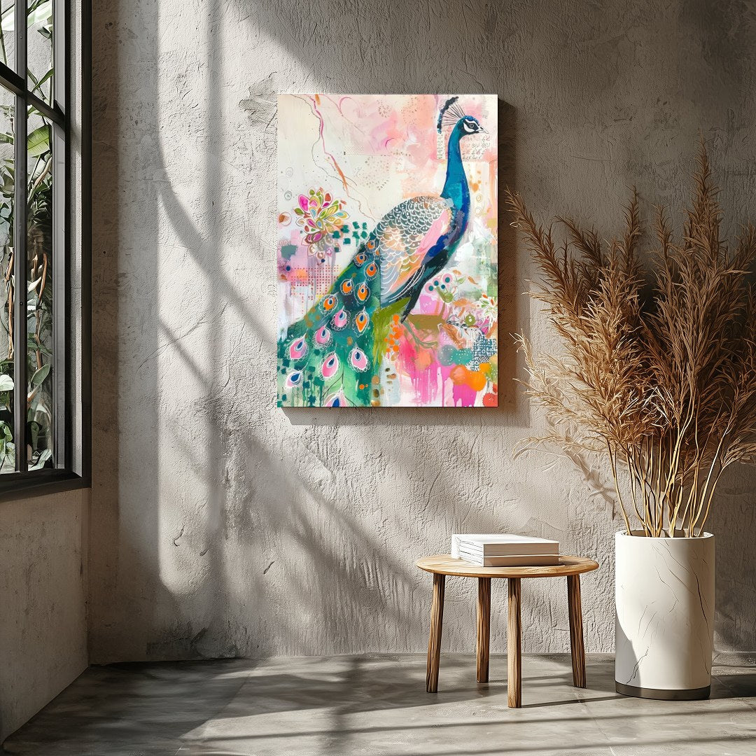 This stunning artwork features a majestic peacock brought to life in an abstract floral fantasy. for Living Room