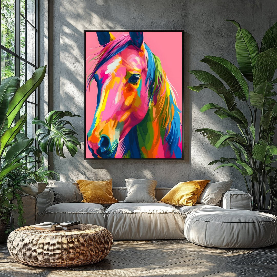 Embrace the vivid energy of this colorful equine artwork, a captivating addition to any modern for Balcony