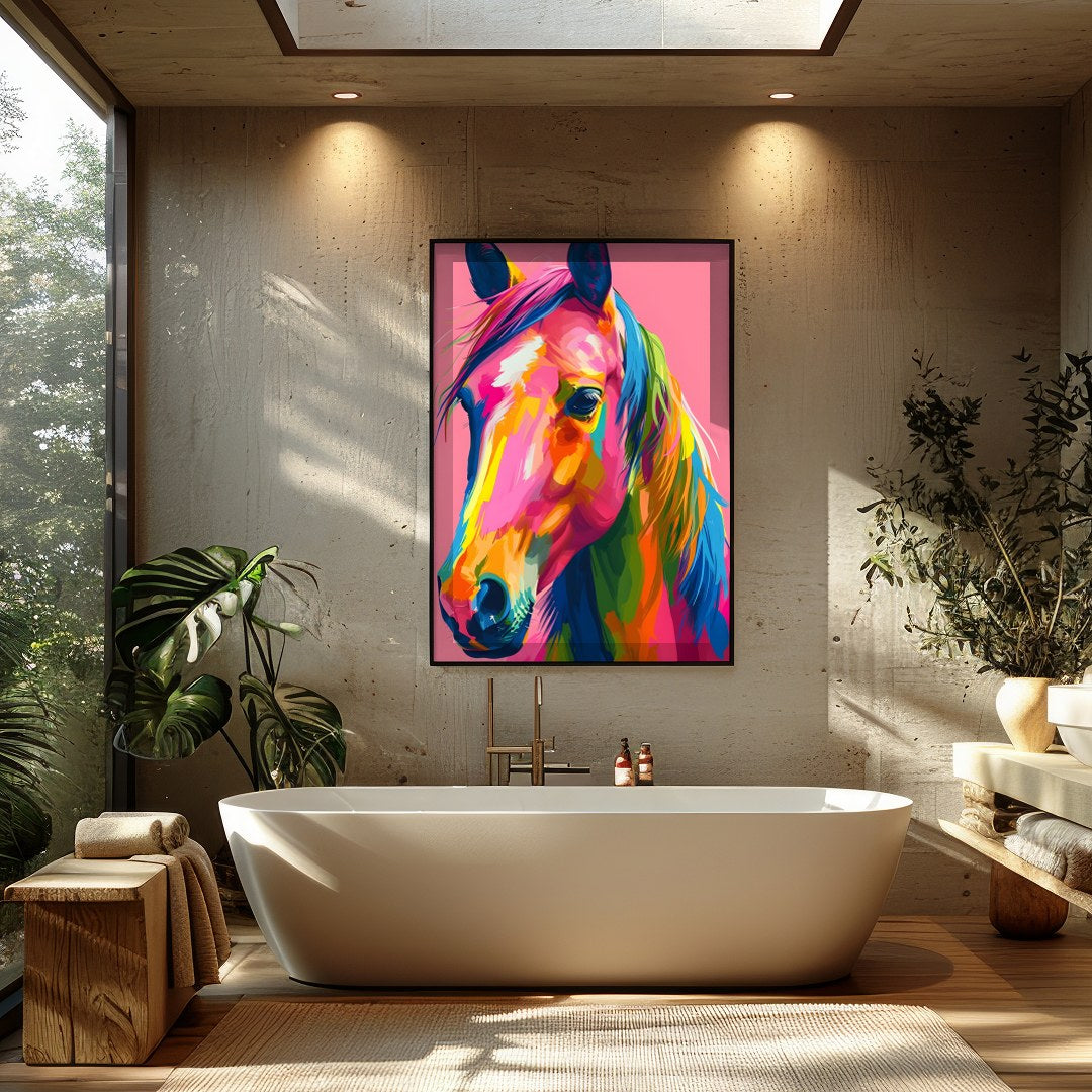 Embrace the vivid energy of this colorful equine artwork, a captivating addition to any modern for Bathroom