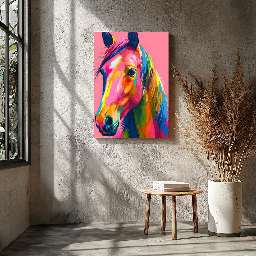 Embrace the vivid energy of this colorful equine artwork, a captivating addition to any modern for Entrance