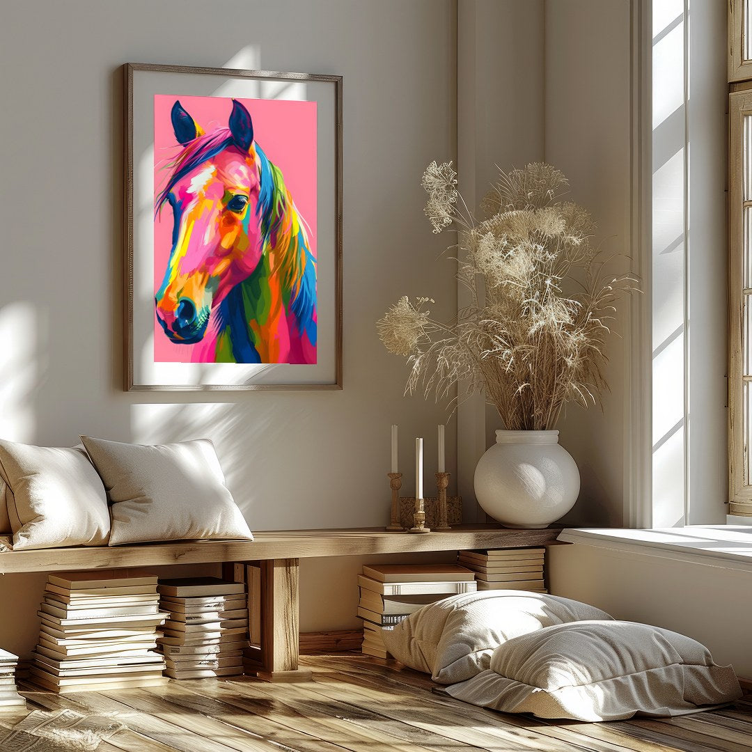 Embrace the vivid energy of this colorful equine artwork, a captivating addition to any modern for gallery