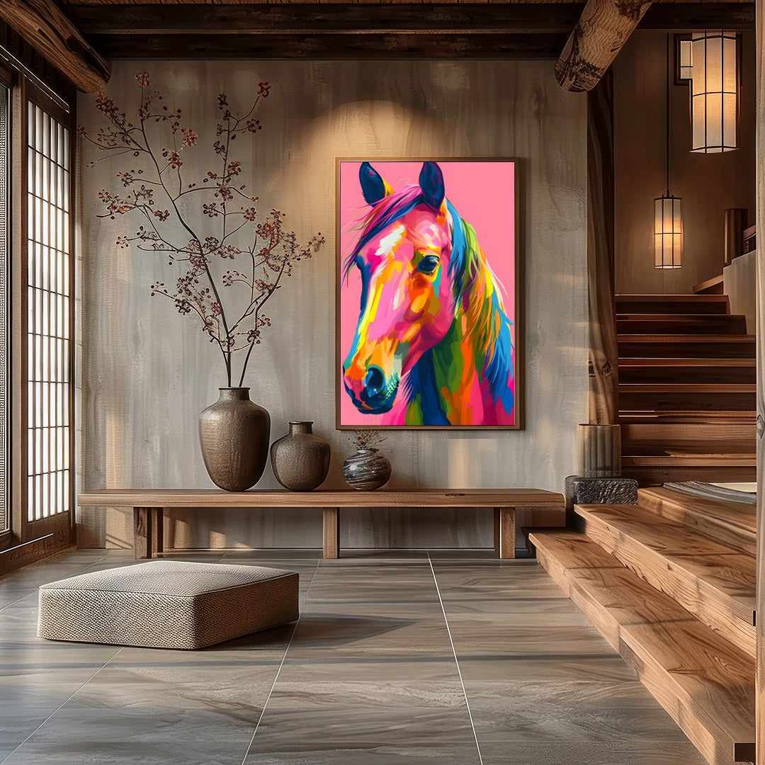 Embrace the vivid energy of this colorful equine artwork, a captivating addition to any modern for Hall