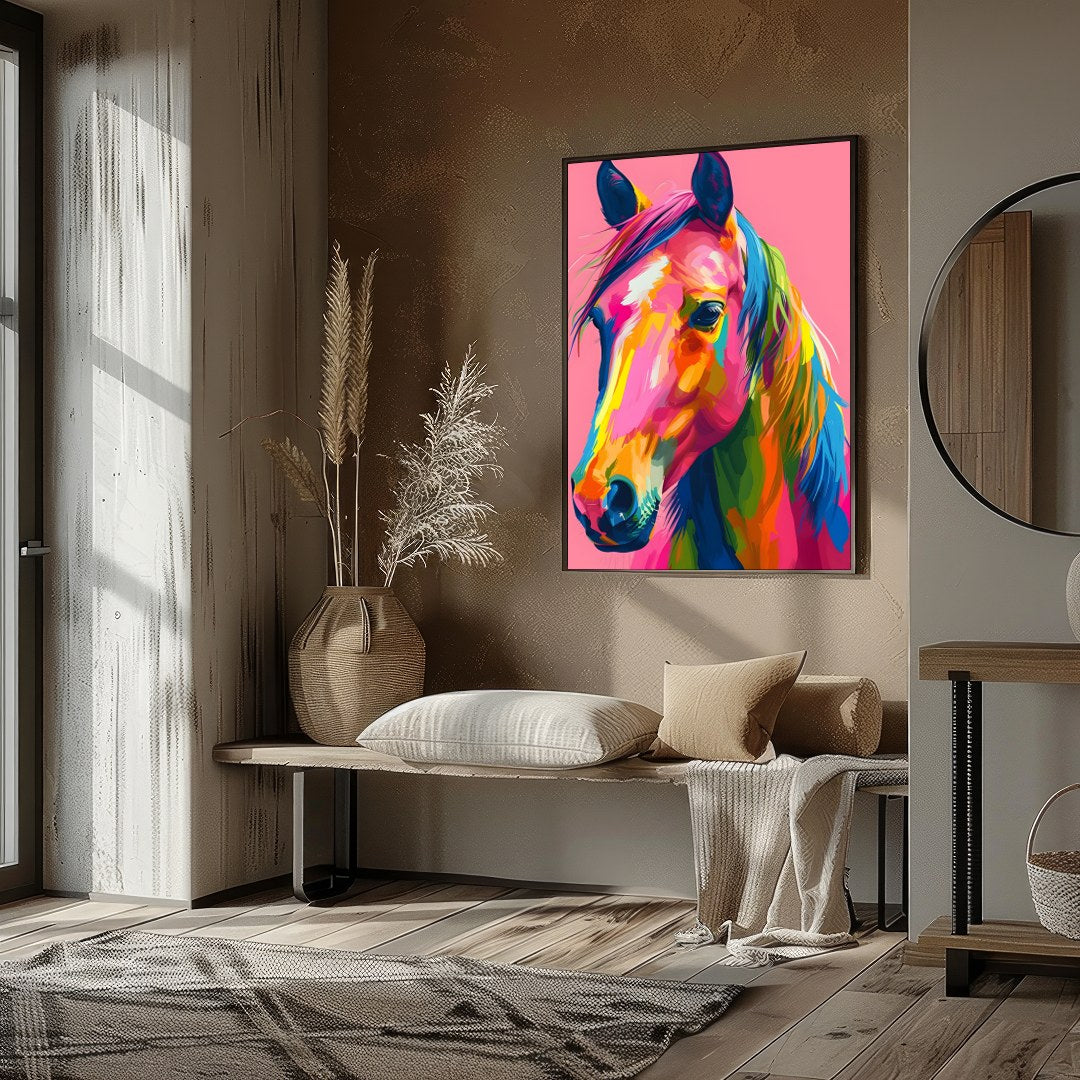 Embrace the vivid energy of this colorful equine artwork, a captivating addition to any modern for haven