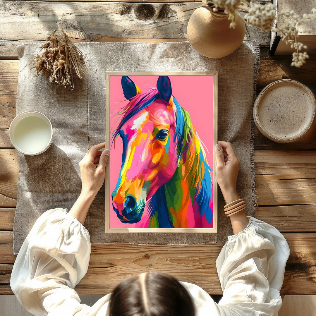 Embrace the vivid energy of this colorful equine artwork, a captivating addition to any modern for room