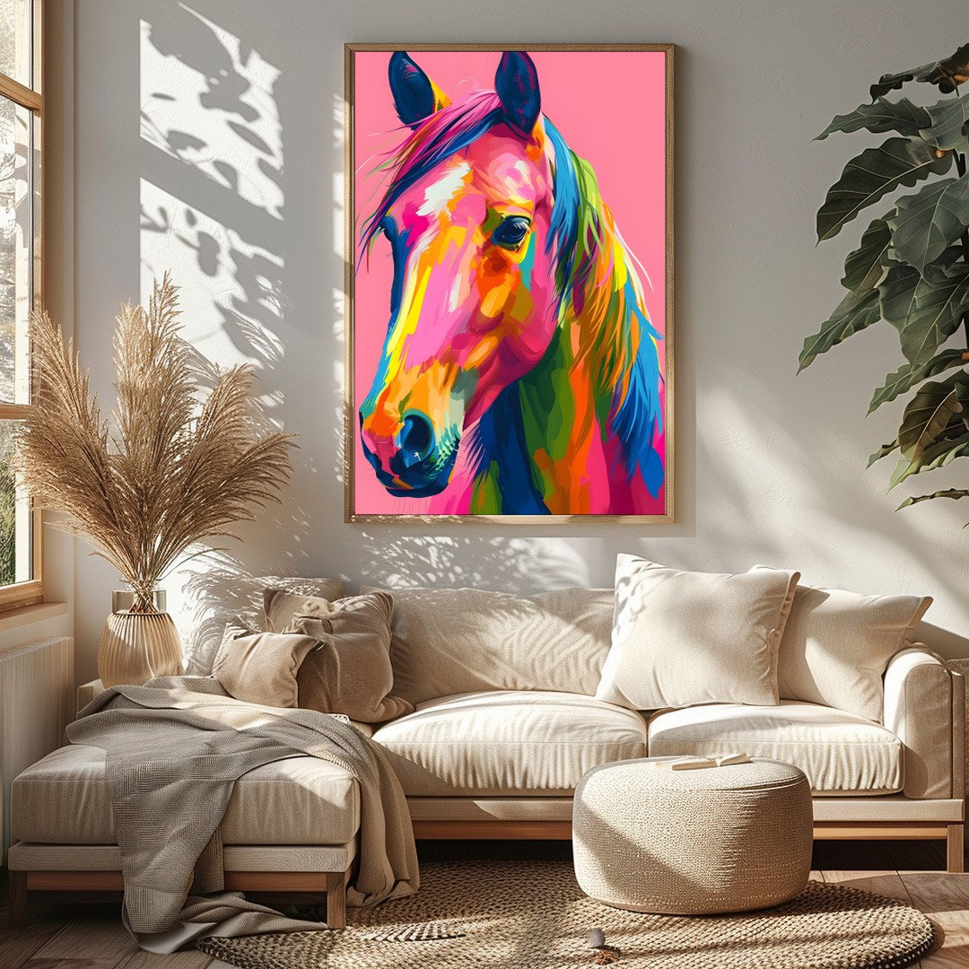 Embrace the vivid energy of this colorful equine artwork, a captivating addition to any modern for Sitting Area