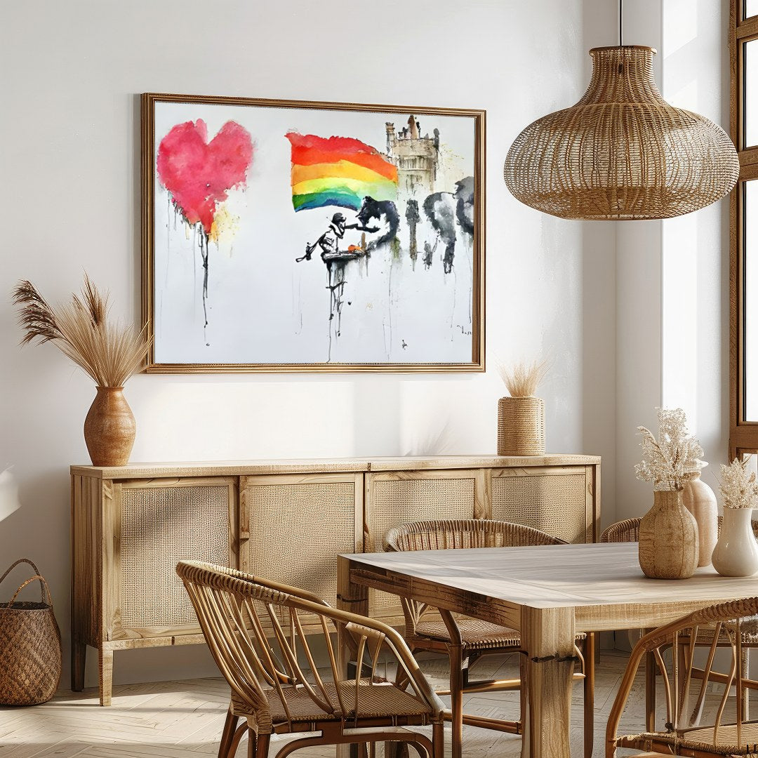 This captivating piece combines vivid colors with emotive imagery, making a bold statement in any for Dining