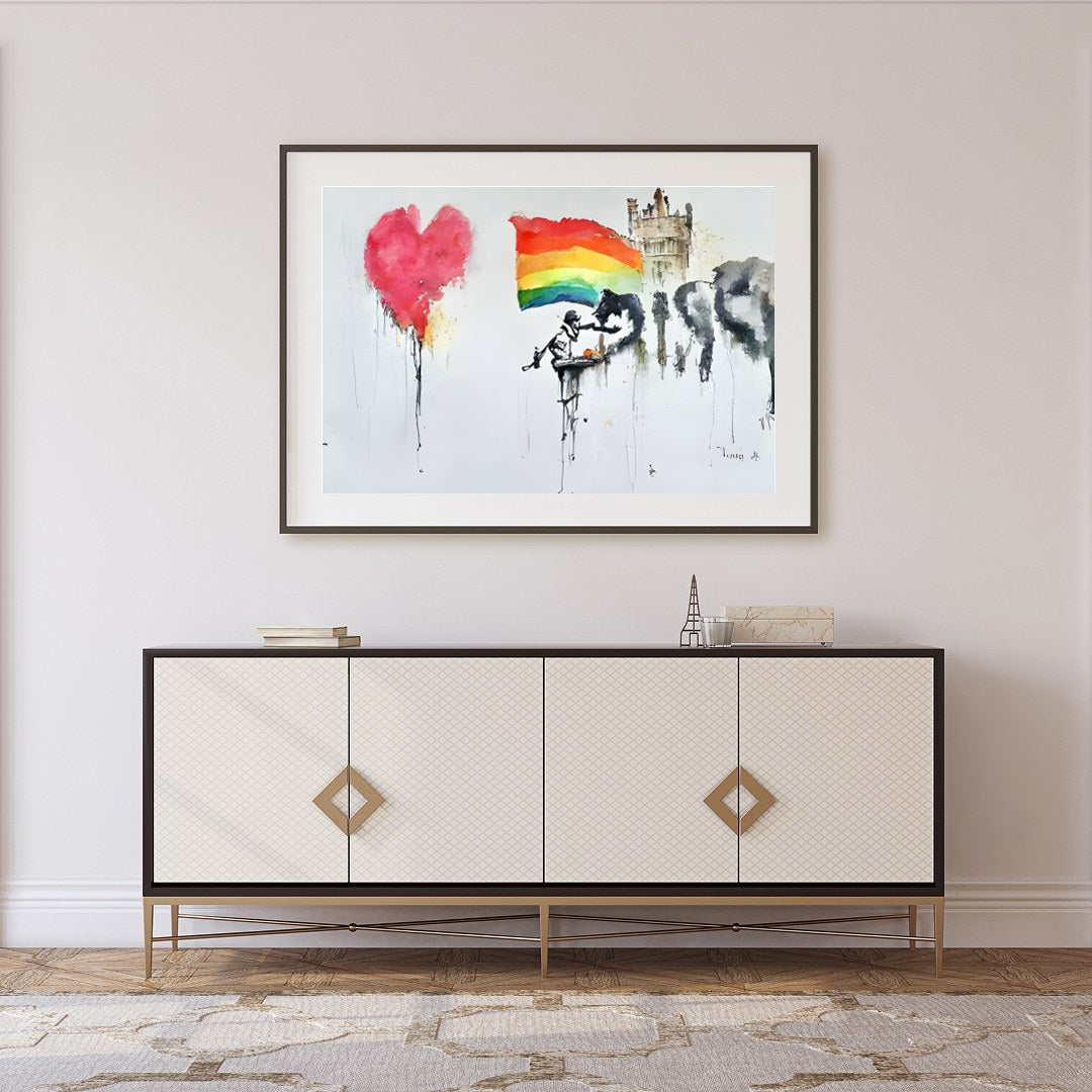 This captivating piece combines vivid colors with emotive imagery, making a bold statement in any for Foyer
