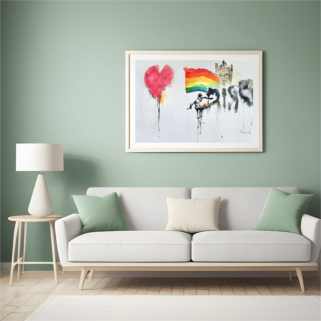 This captivating piece combines vivid colors with emotive imagery, making a bold statement in any for Hall