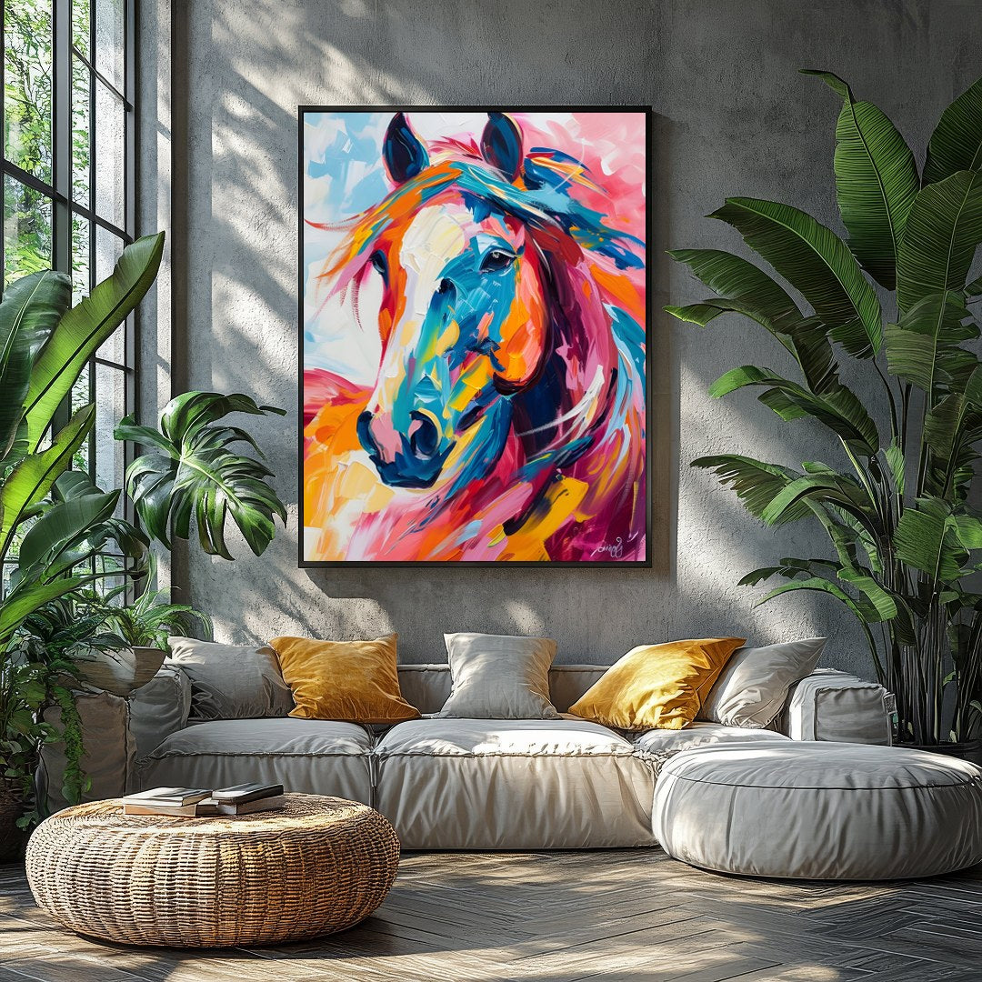 This stunning piece captures the dynamic spirit of a horse through vibrant, bold brushstrokes. The for Balcony
