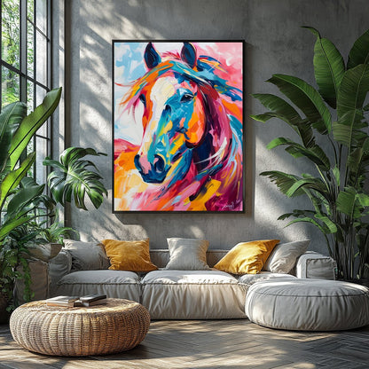 This stunning piece captures the dynamic spirit of a horse through vibrant, bold brushstrokes. The for Balcony