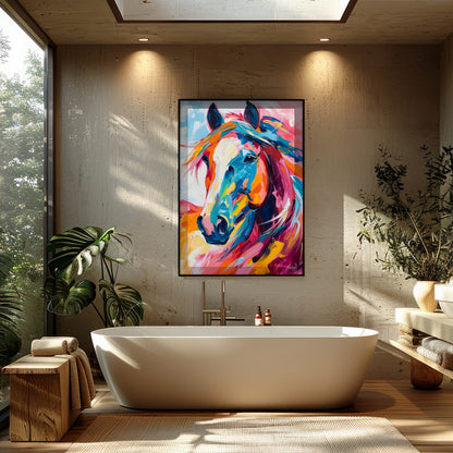 This stunning piece captures the dynamic spirit of a horse through vibrant, bold brushstrokes. The for Bathroom
