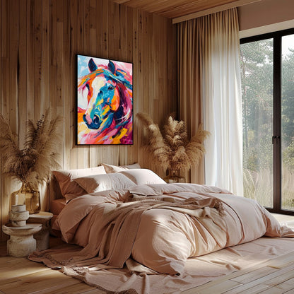 This stunning piece captures the dynamic spirit of a horse through vibrant, bold brushstrokes. The for Bedroom