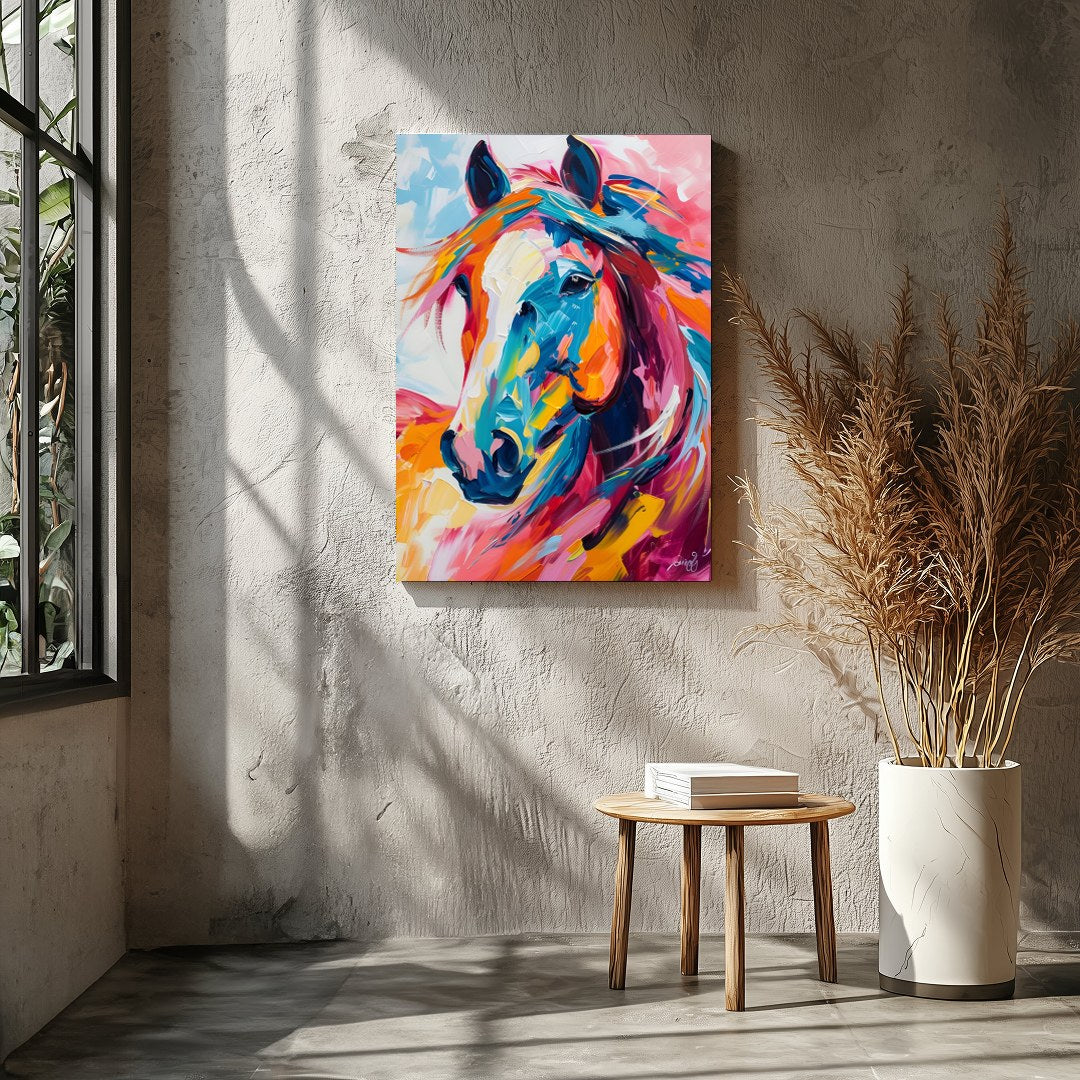 This stunning piece captures the dynamic spirit of a horse through vibrant, bold brushstrokes. The for Entrance
