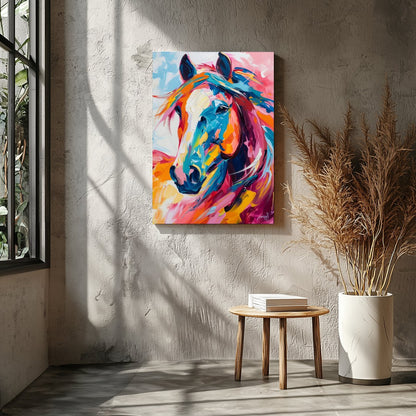 This stunning piece captures the dynamic spirit of a horse through vibrant, bold brushstrokes. The for Entrance