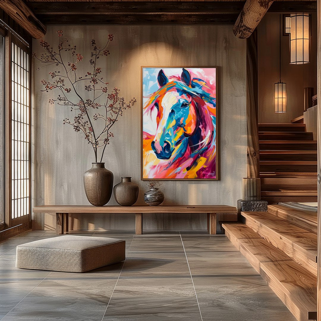 This stunning piece captures the dynamic spirit of a horse through vibrant, bold brushstrokes. The for Hall