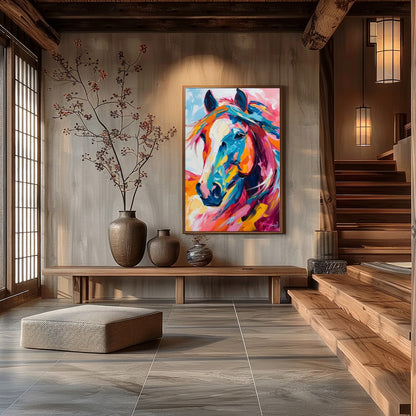 This stunning piece captures the dynamic spirit of a horse through vibrant, bold brushstrokes. The for Hall