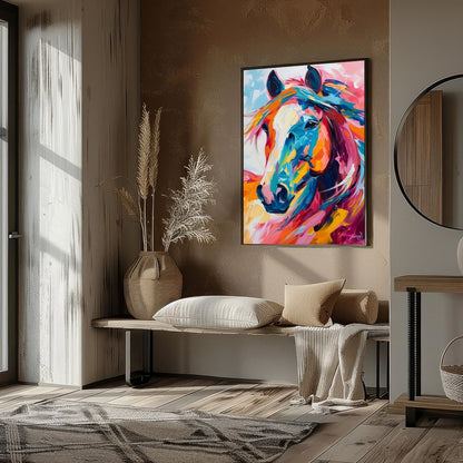 This stunning piece captures the dynamic spirit of a horse through vibrant, bold brushstrokes. The for home