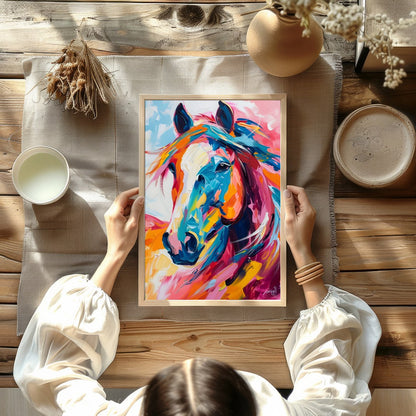 This stunning piece captures the dynamic spirit of a horse through vibrant, bold brushstrokes. The for Kitchen